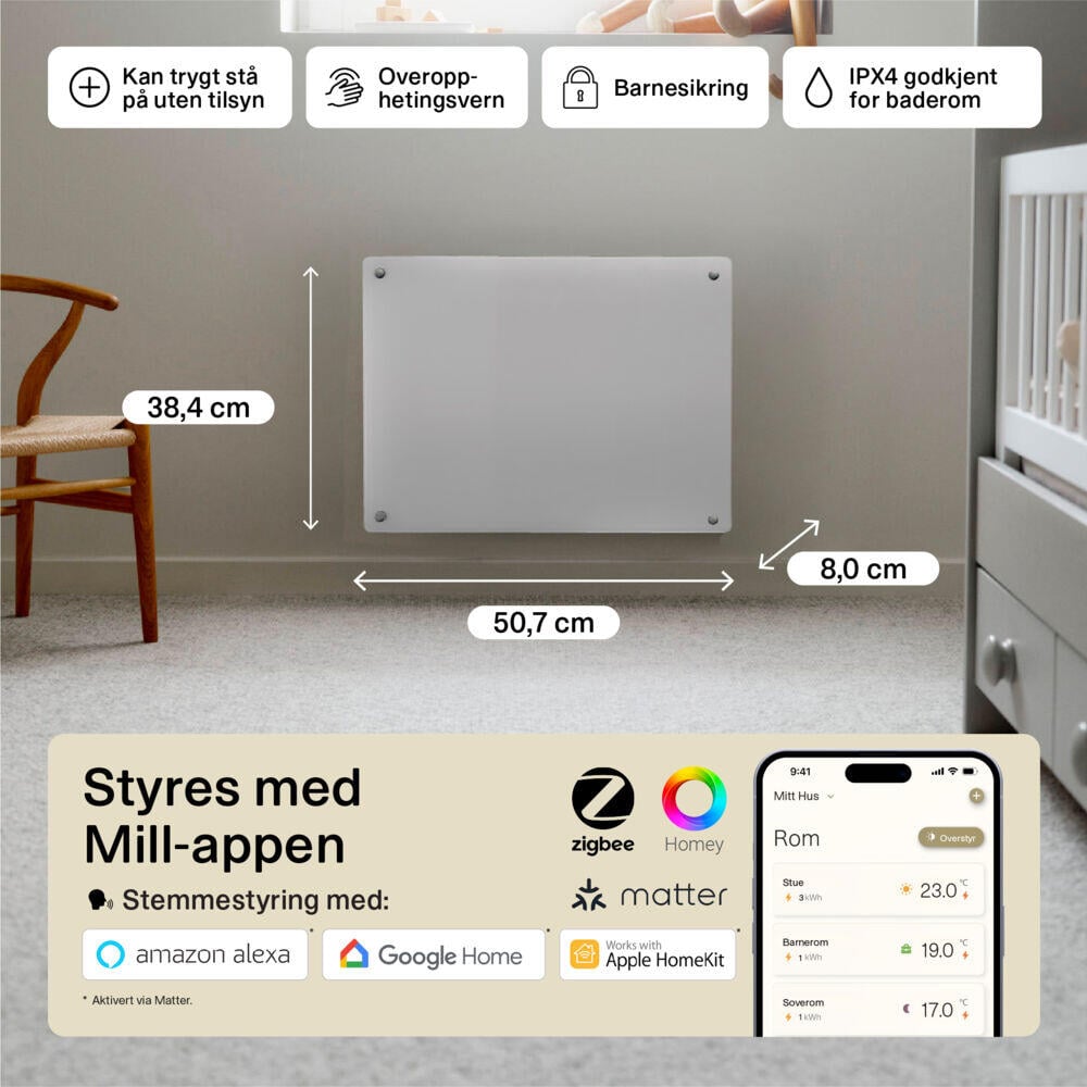 Mill Glass Smart WiFi panelovn 400W Gen. 4