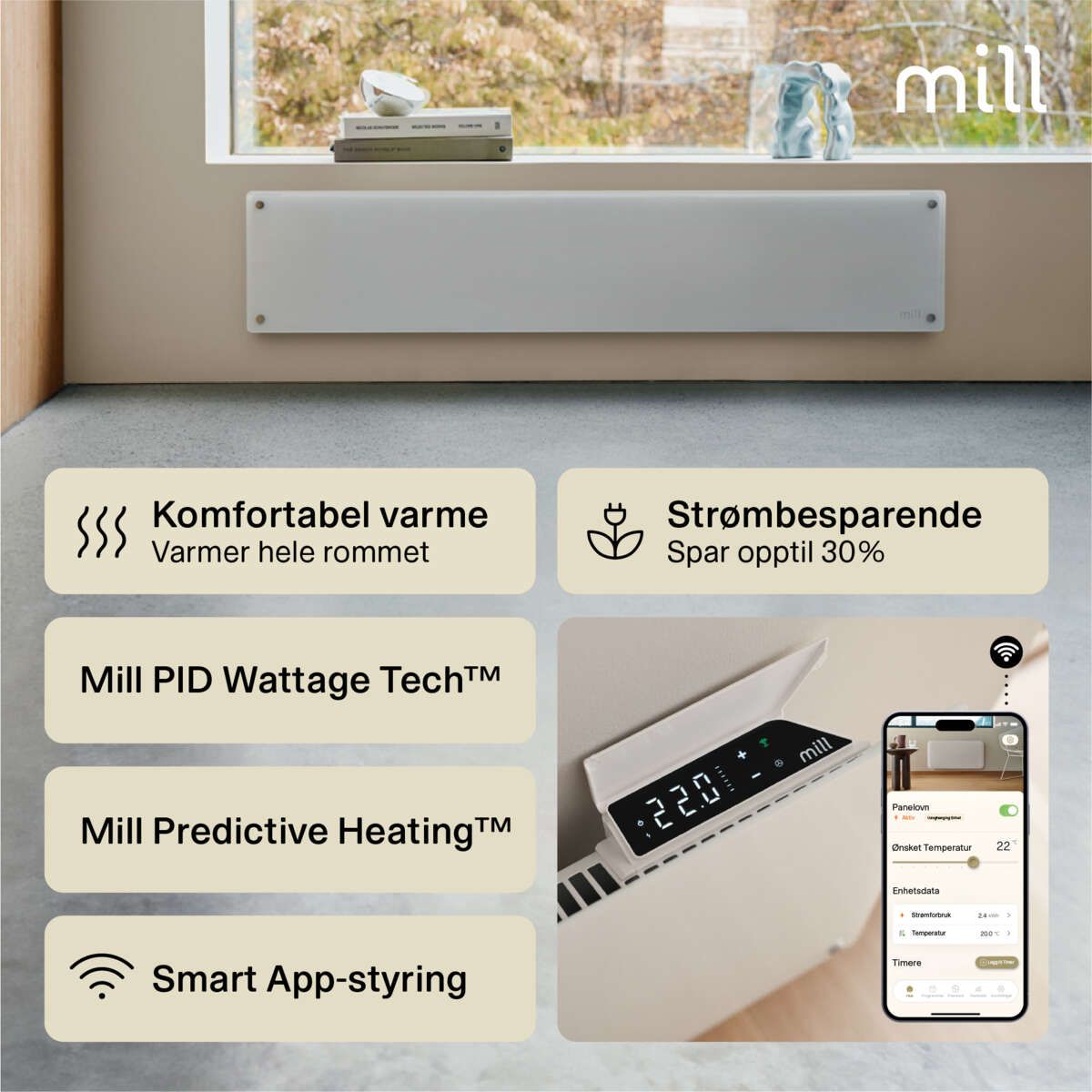 Mill Glass Smart WiFi 1000W Gen. 4 panelovn