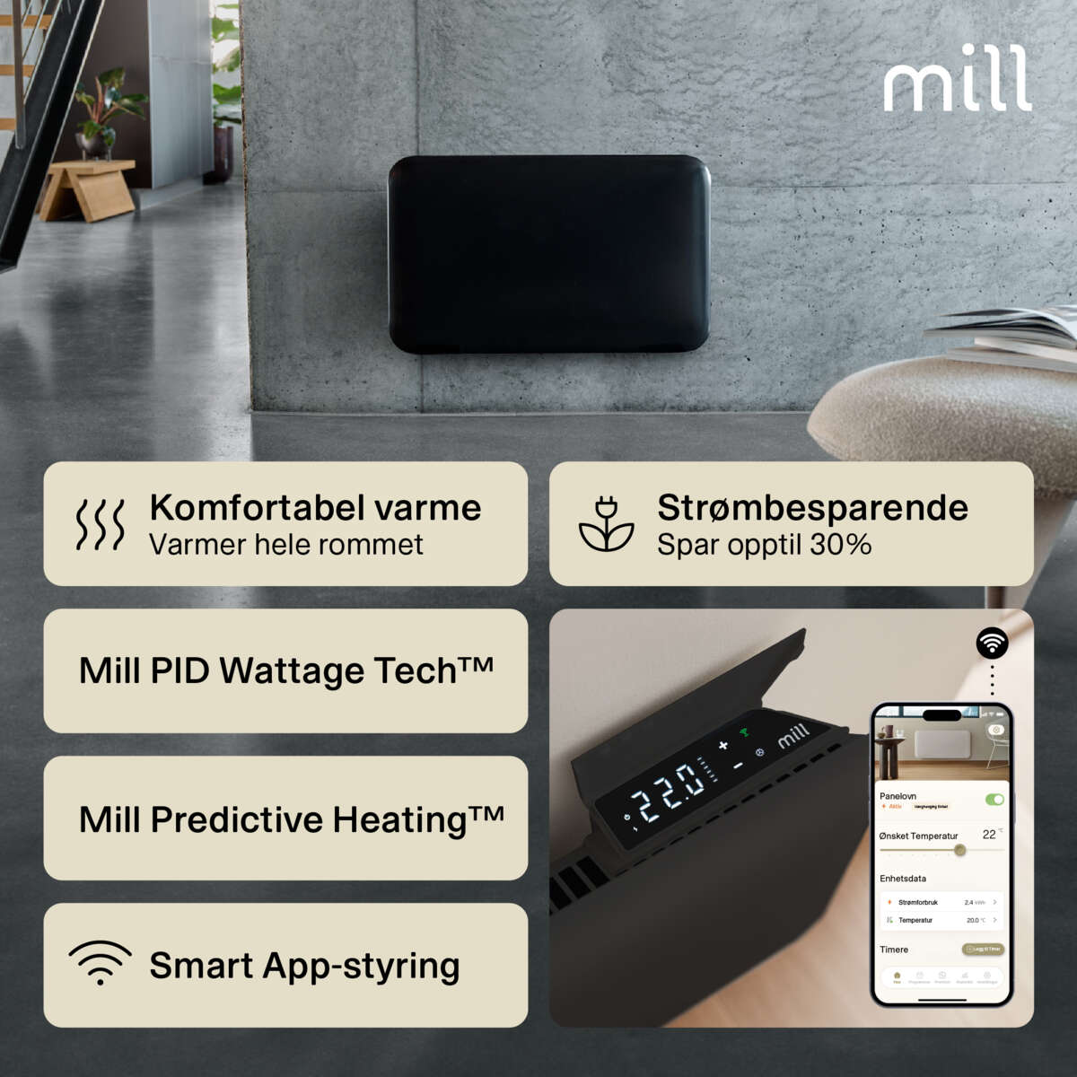 Mill Invisible Smart WiFi Gen 4 600W panelovn