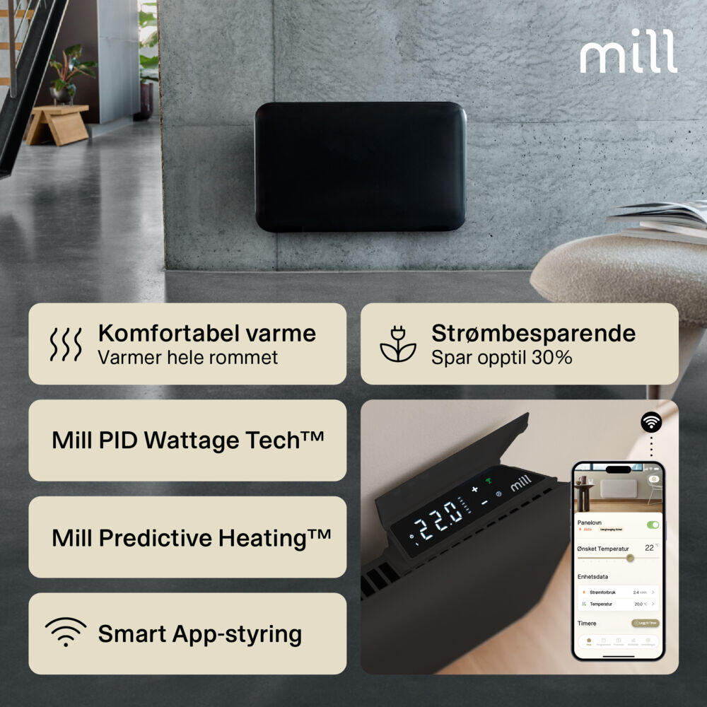 Mill Invisible Smart WiFi Gen 4 600W sort panelovn