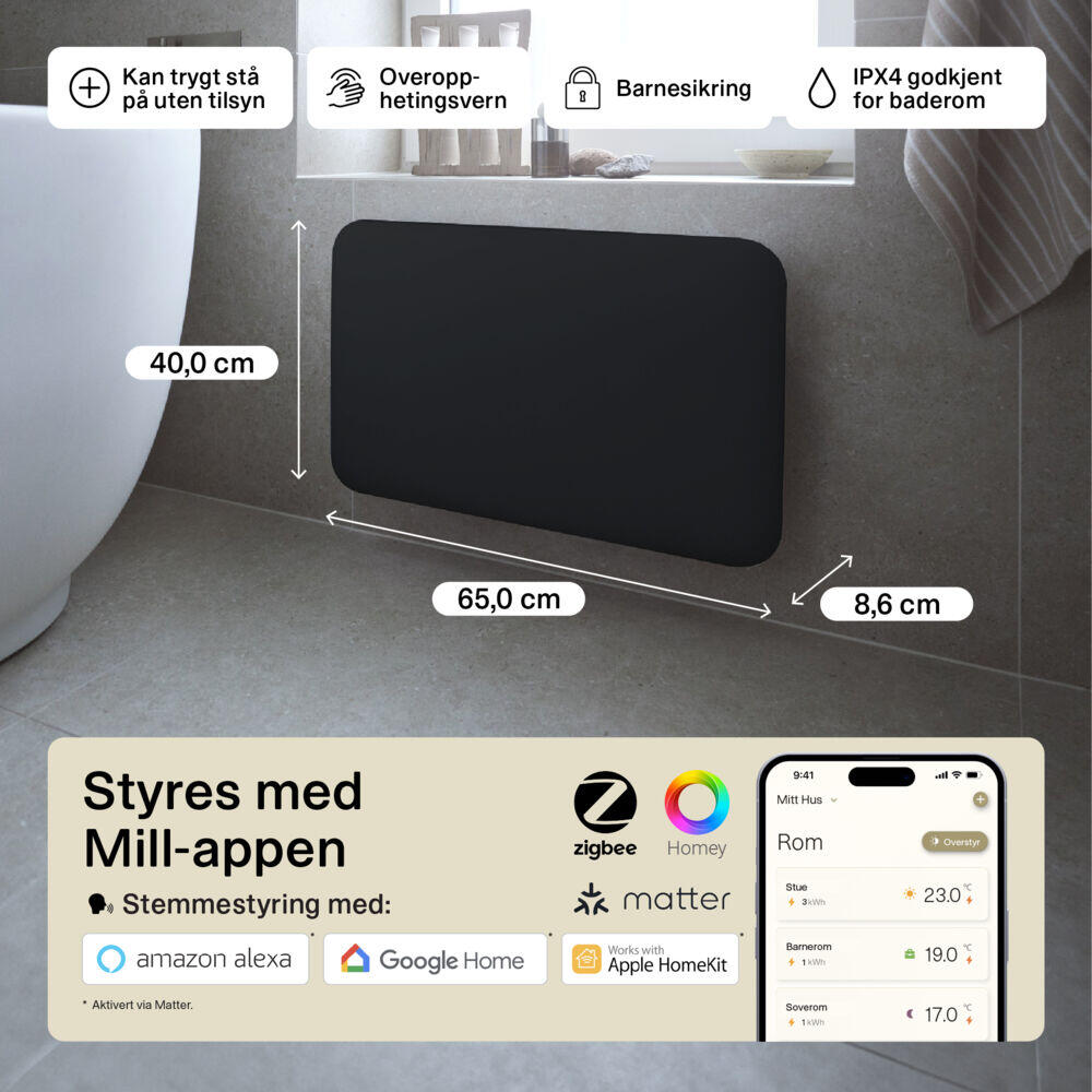 Mill Invisible Smart WiFi Gen 4 600W sort panelovn