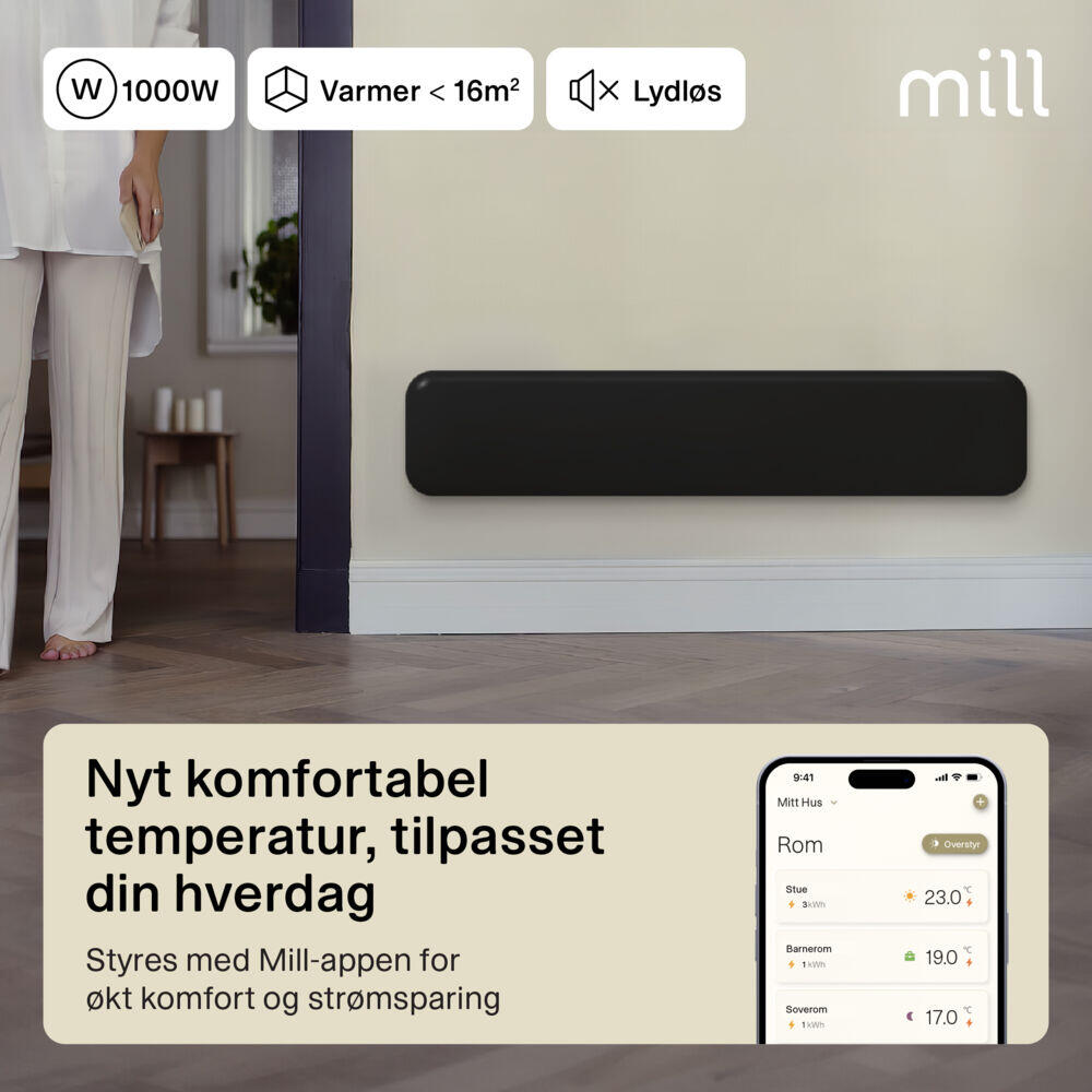 Mill Invisible Smart WiFi panellist 1000W Sort Gen. 4