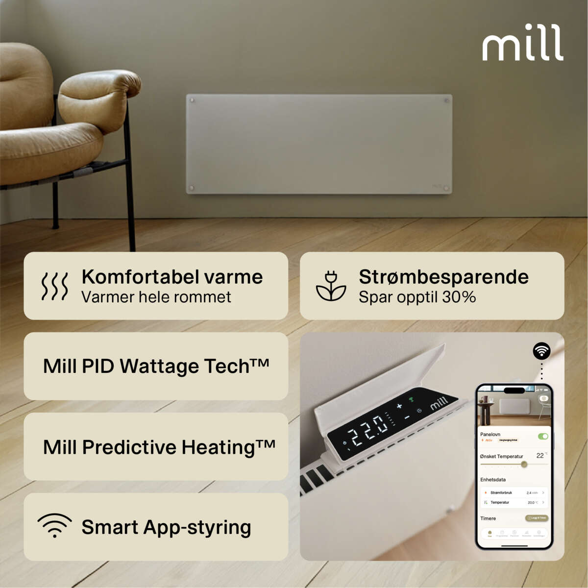 Mill Glass Gen 4 Smart WiFi 1200W panelovn