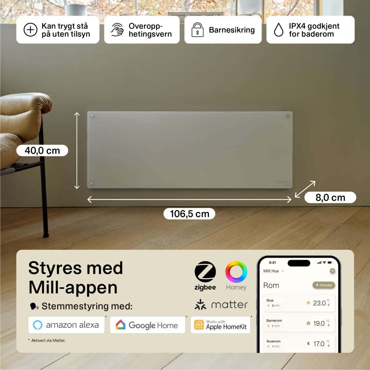 Mill Glass Gen 4 Smart WiFi 1200W panelovn