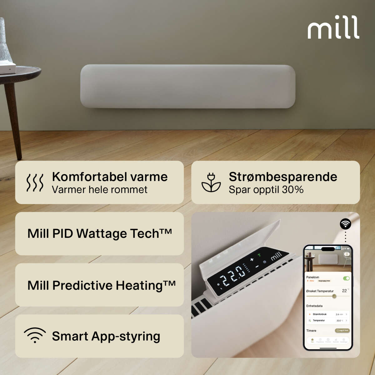 Mill Invisible Smart WiFi 1000W Gen. 4 panelovn