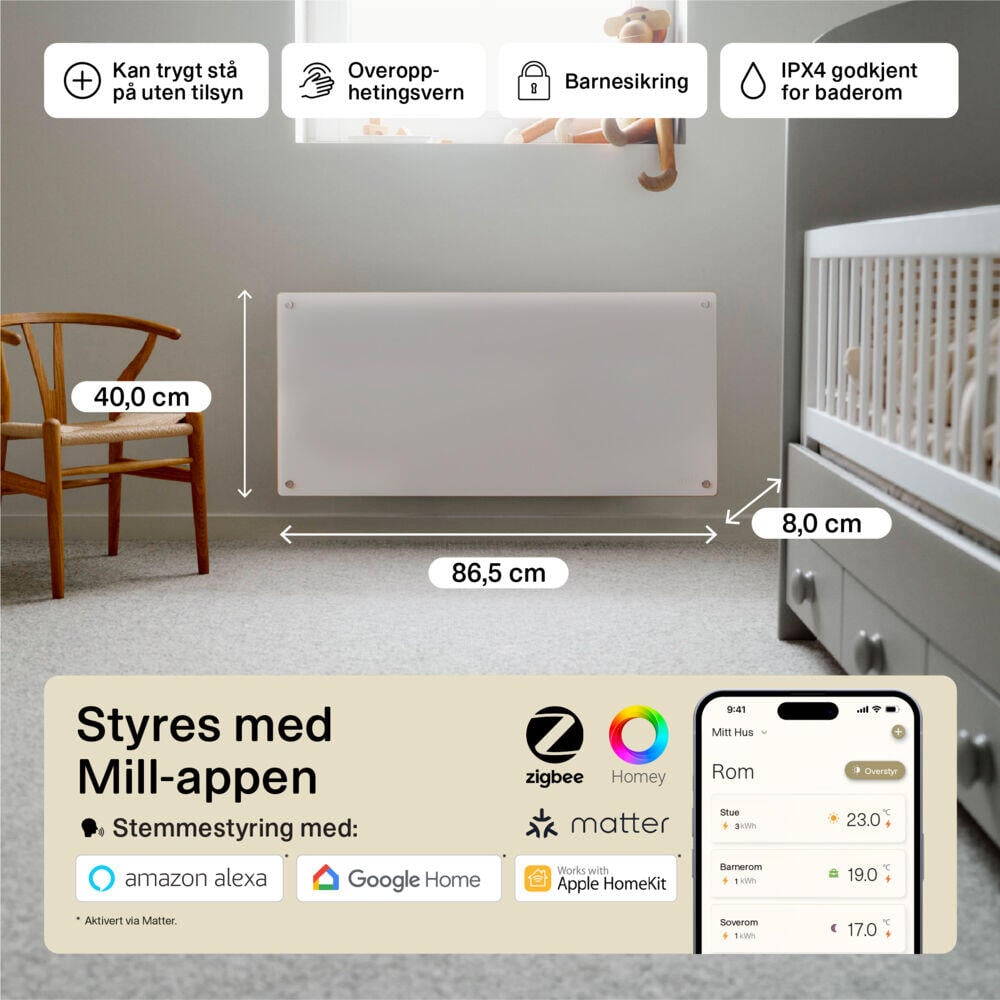 Mill Glass Smart WiFi panelovn 900W Gen. 4