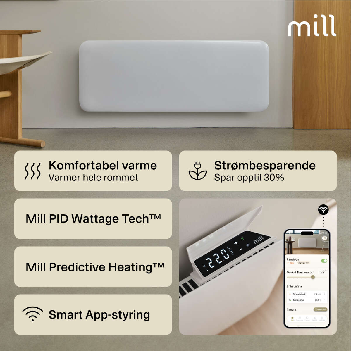 Mill Invisible Smart WiFi Gen 4 1200W panelovn