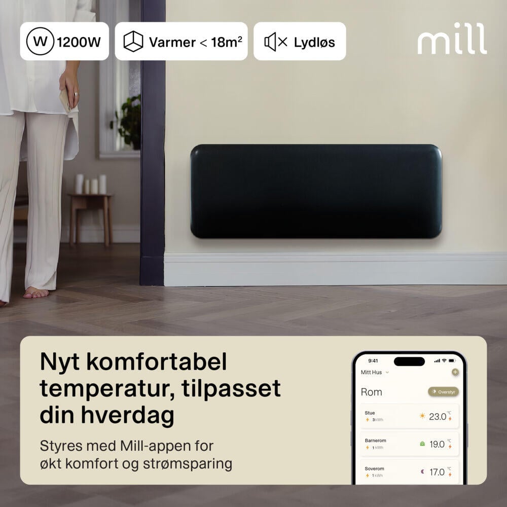 Mill Invisible Smart WiFi Gen 4 1200W sort panelovn