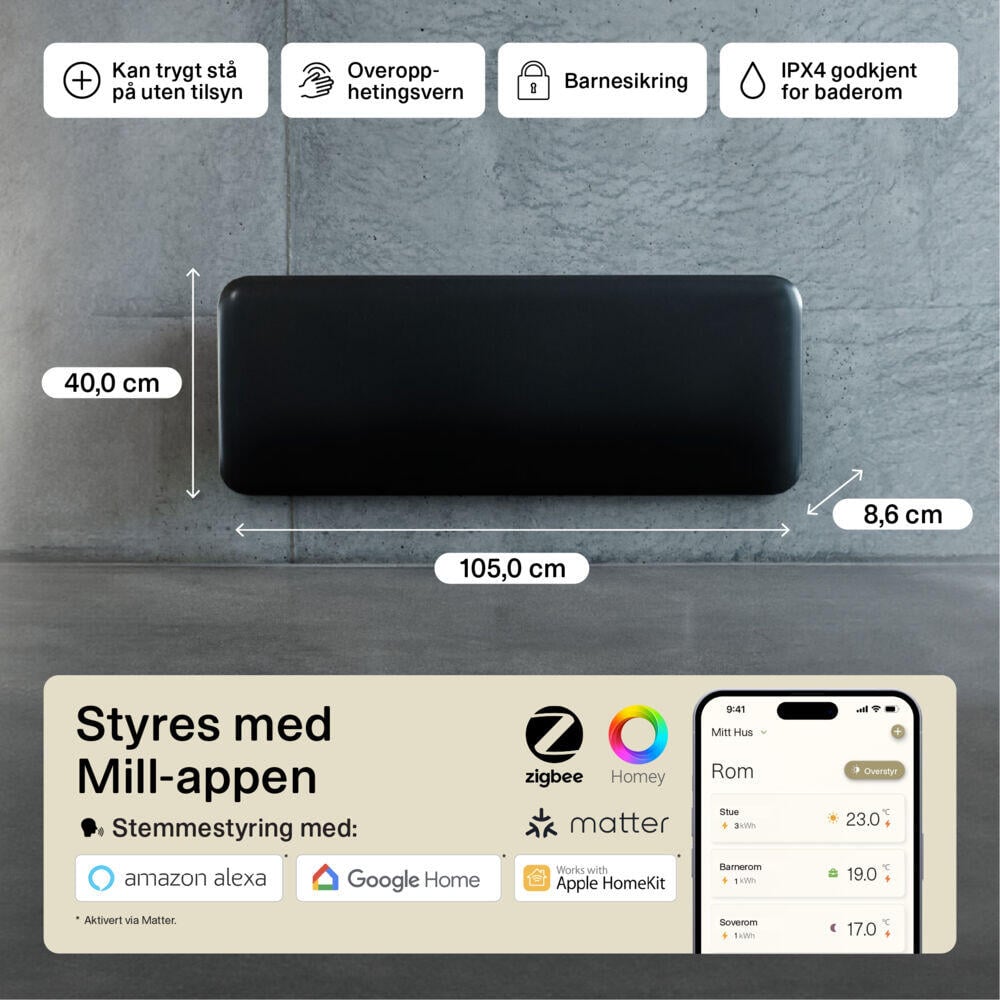 Mill Invisible Smart WiFi Gen 4 1200W sort panelovn