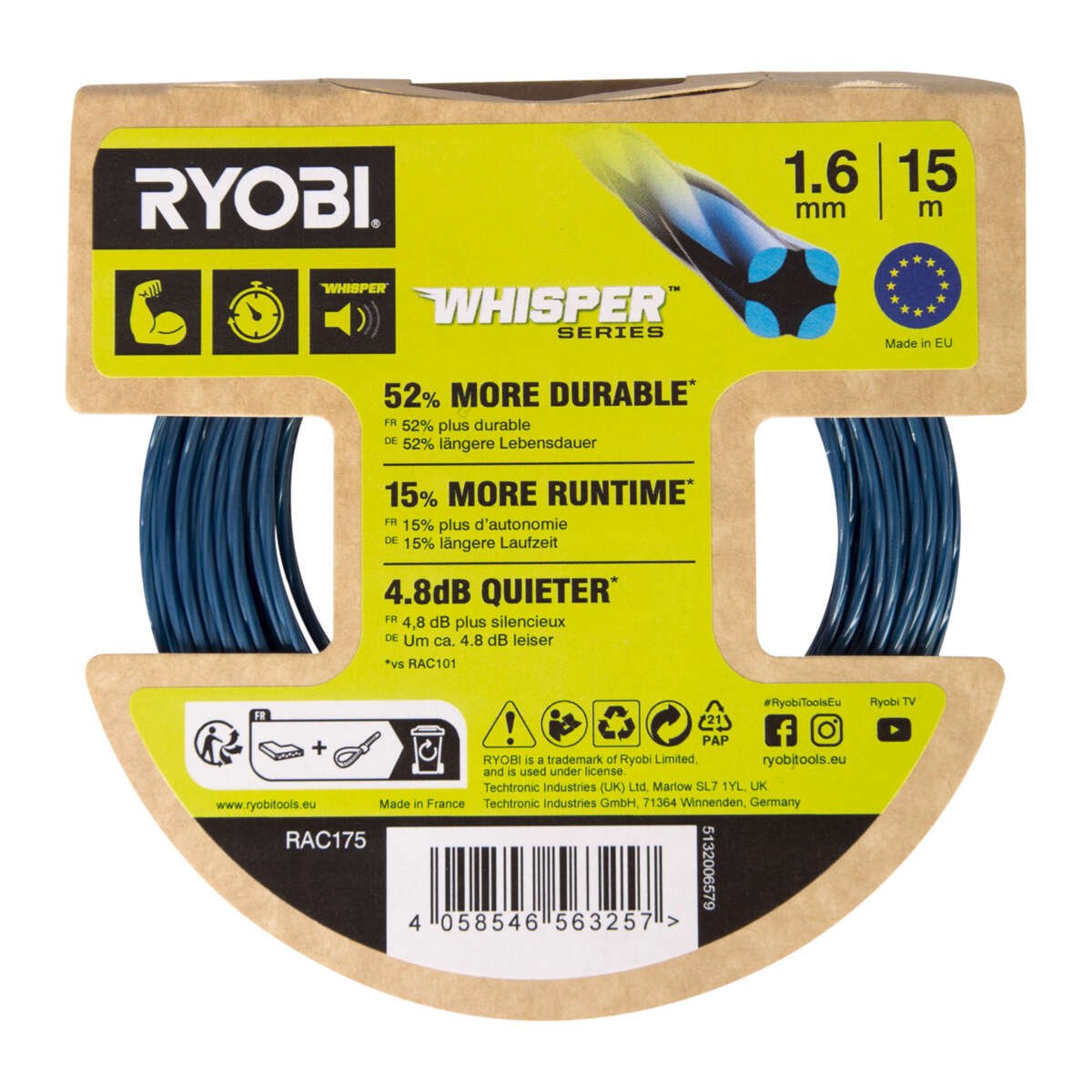 Ryobi RAC175 1,6 mm Whisper™ trimmertråd (15 m)