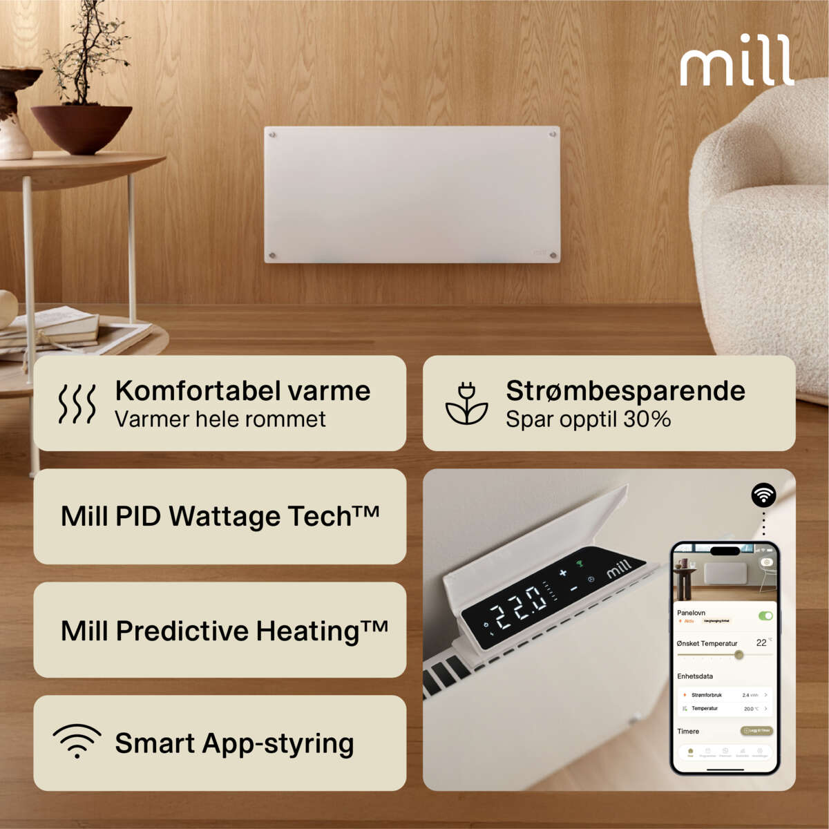Mill Glass Smart WiFi 900W Gen. 4 panelovn