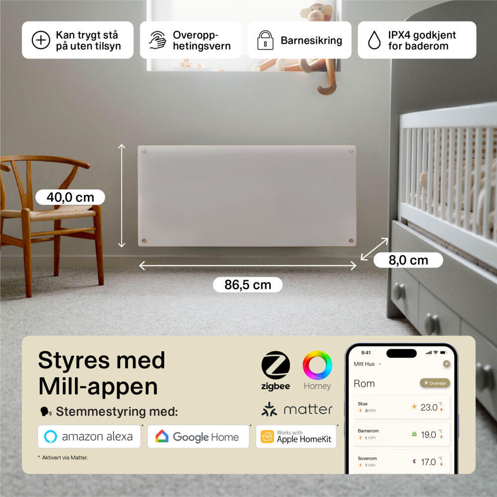 Mill Glass Smart WiFi 900W Gen. 4 panelovn