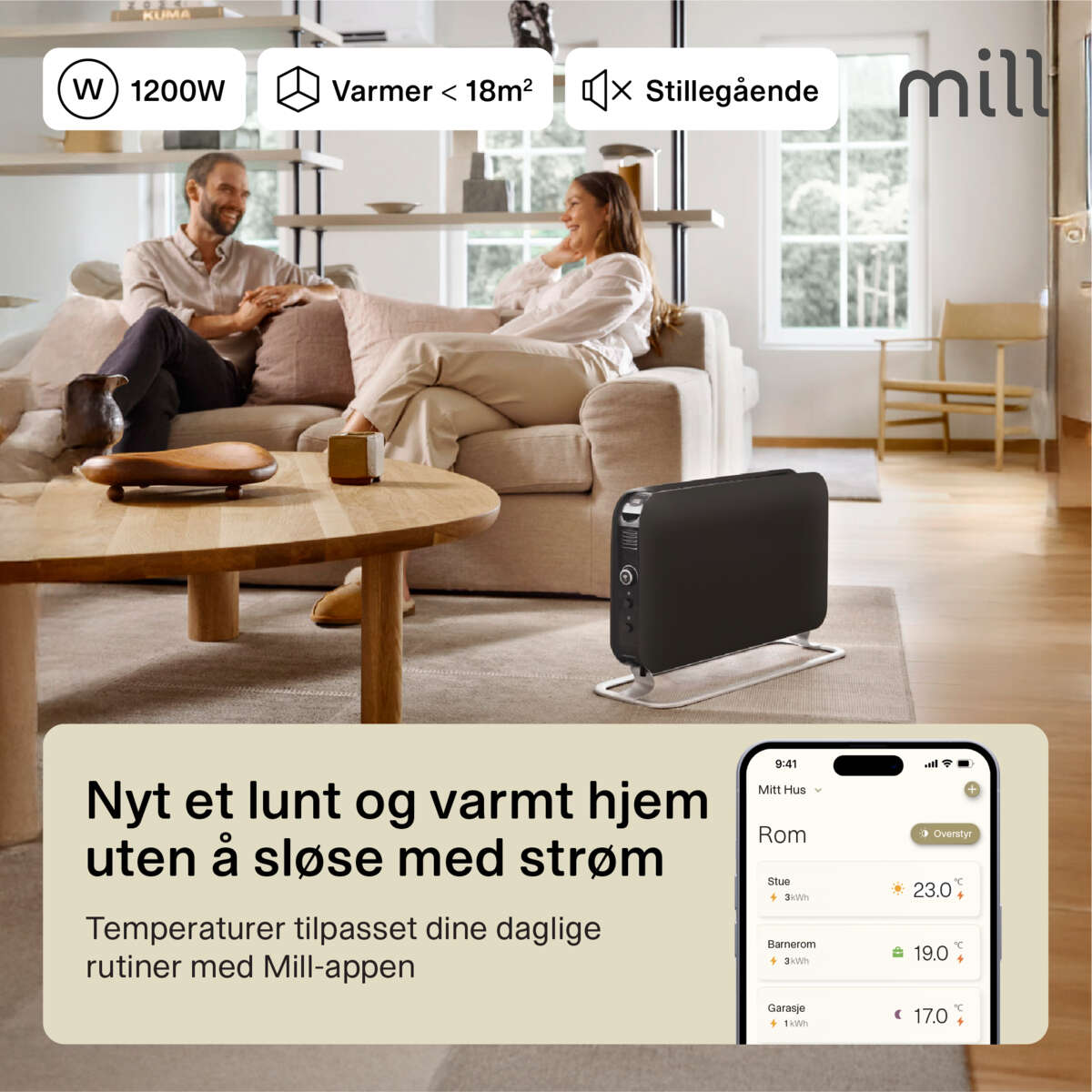 Mill WiFi gulvovn 1200W sort