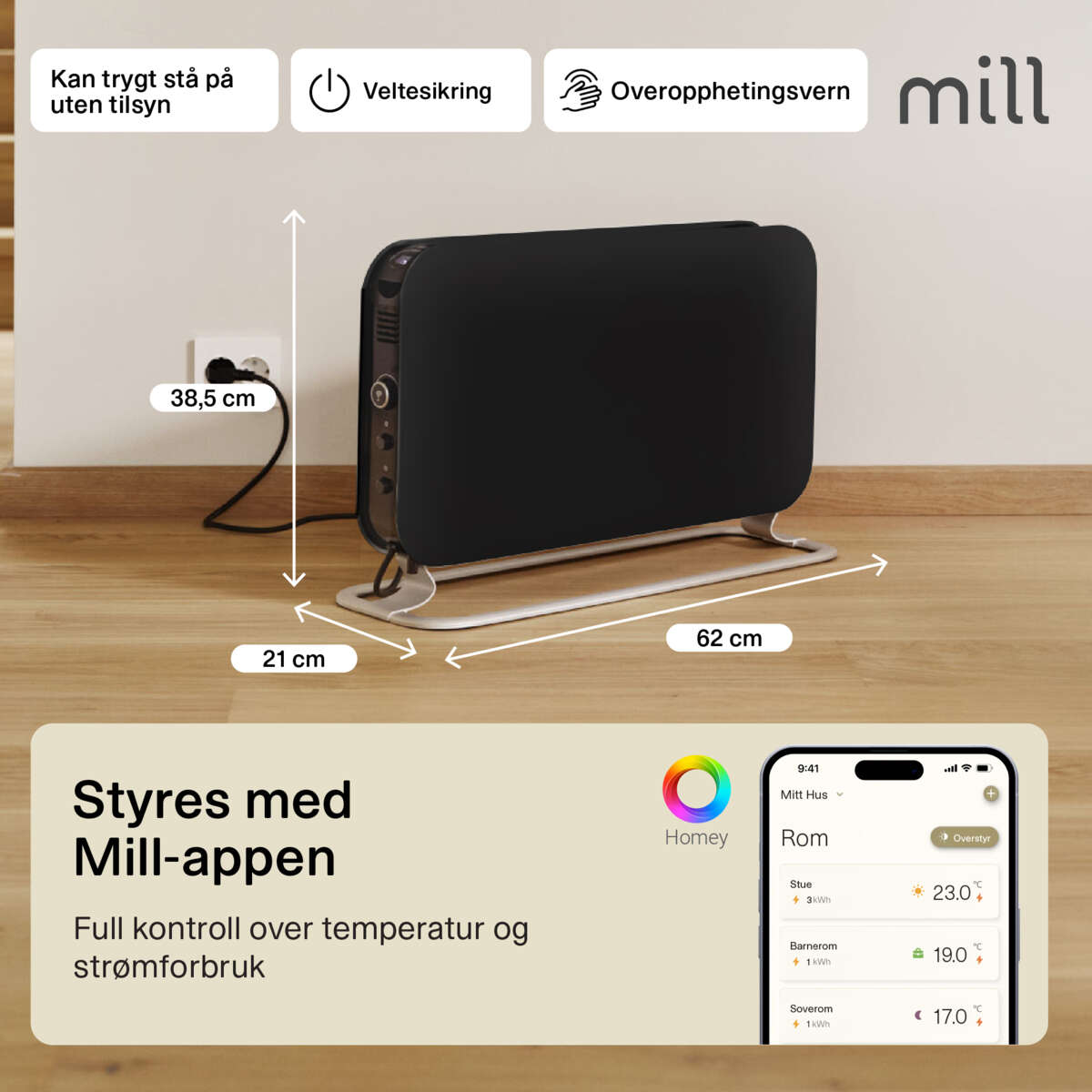 Mill WiFi gulvovn 1200W sort
