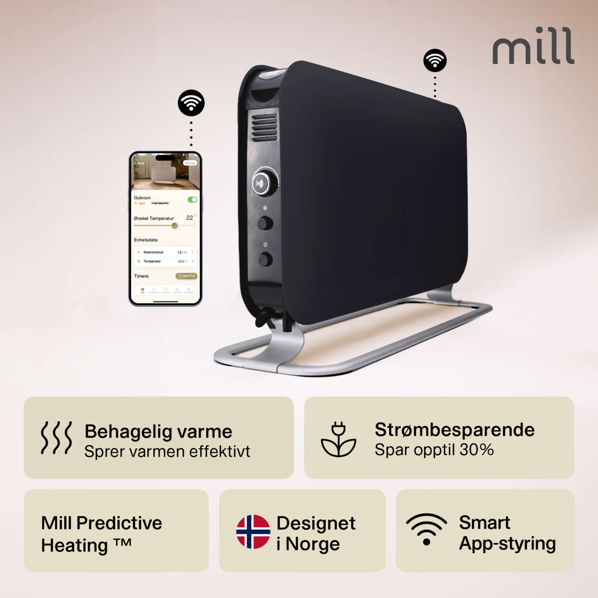 Mill WiFi gulvovn 1200W sort
