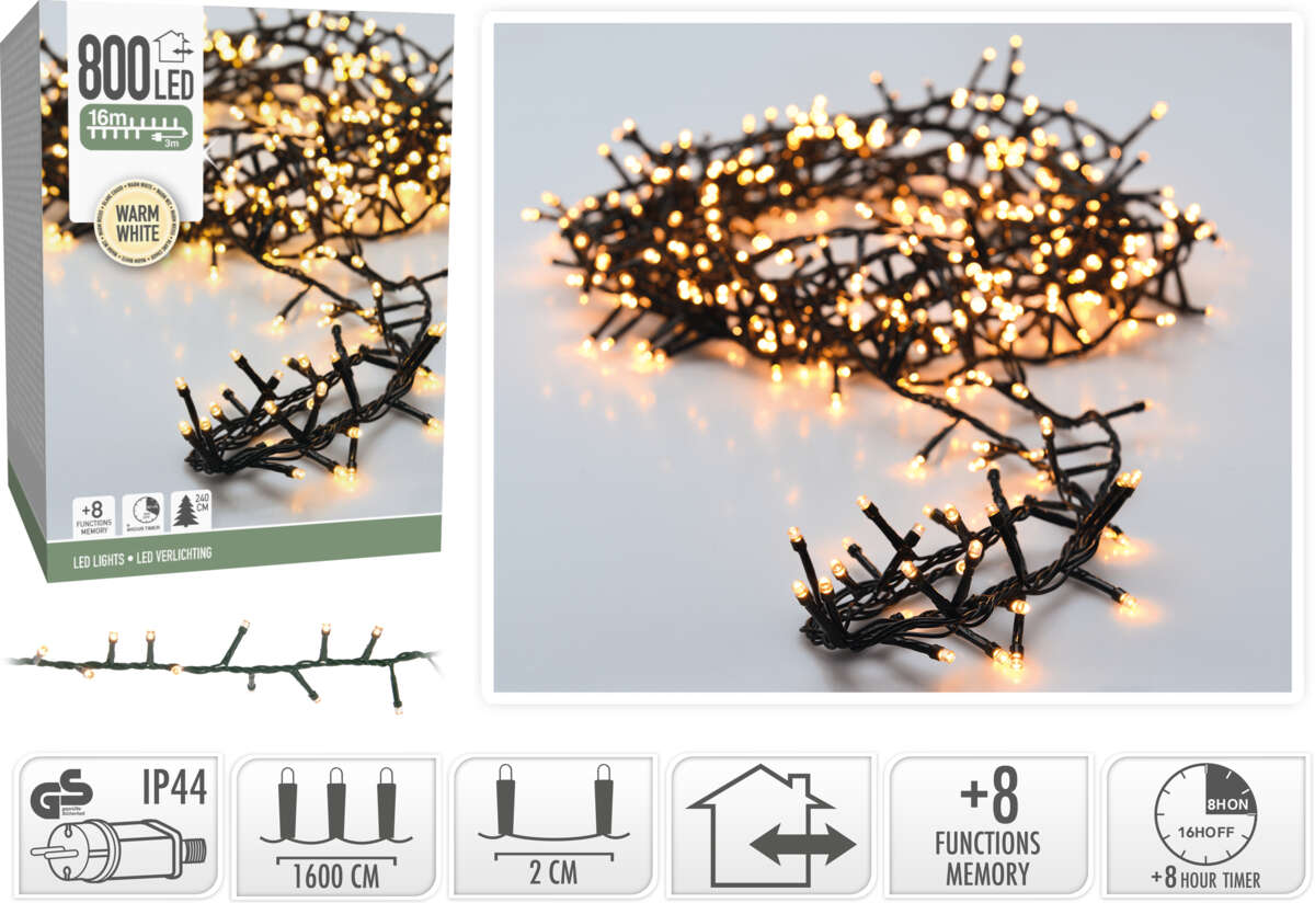 Microcluster lyslenke med 800 varmhvite led lys