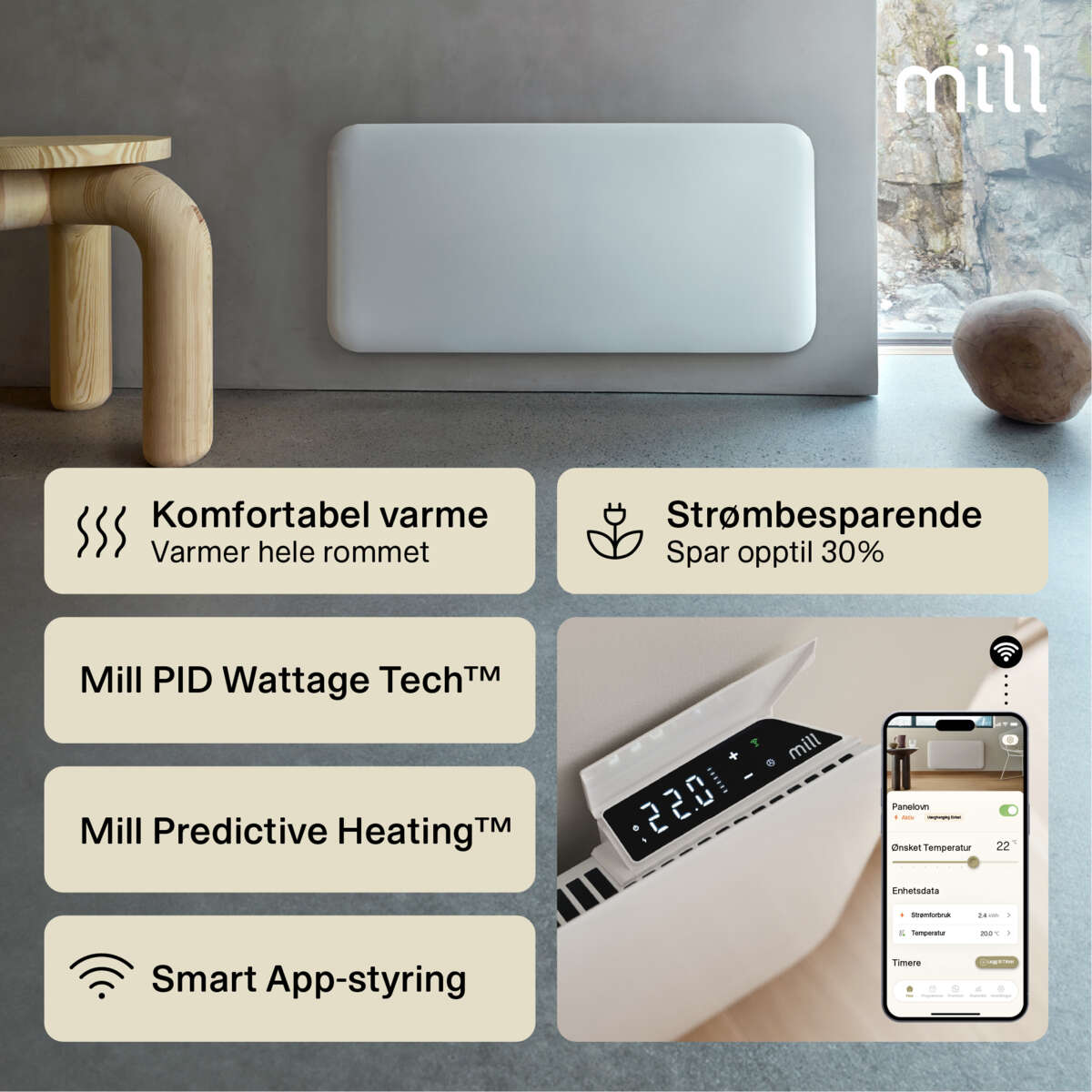Mill Invisible Smart WiFi 900W Gen. 4 panelovn