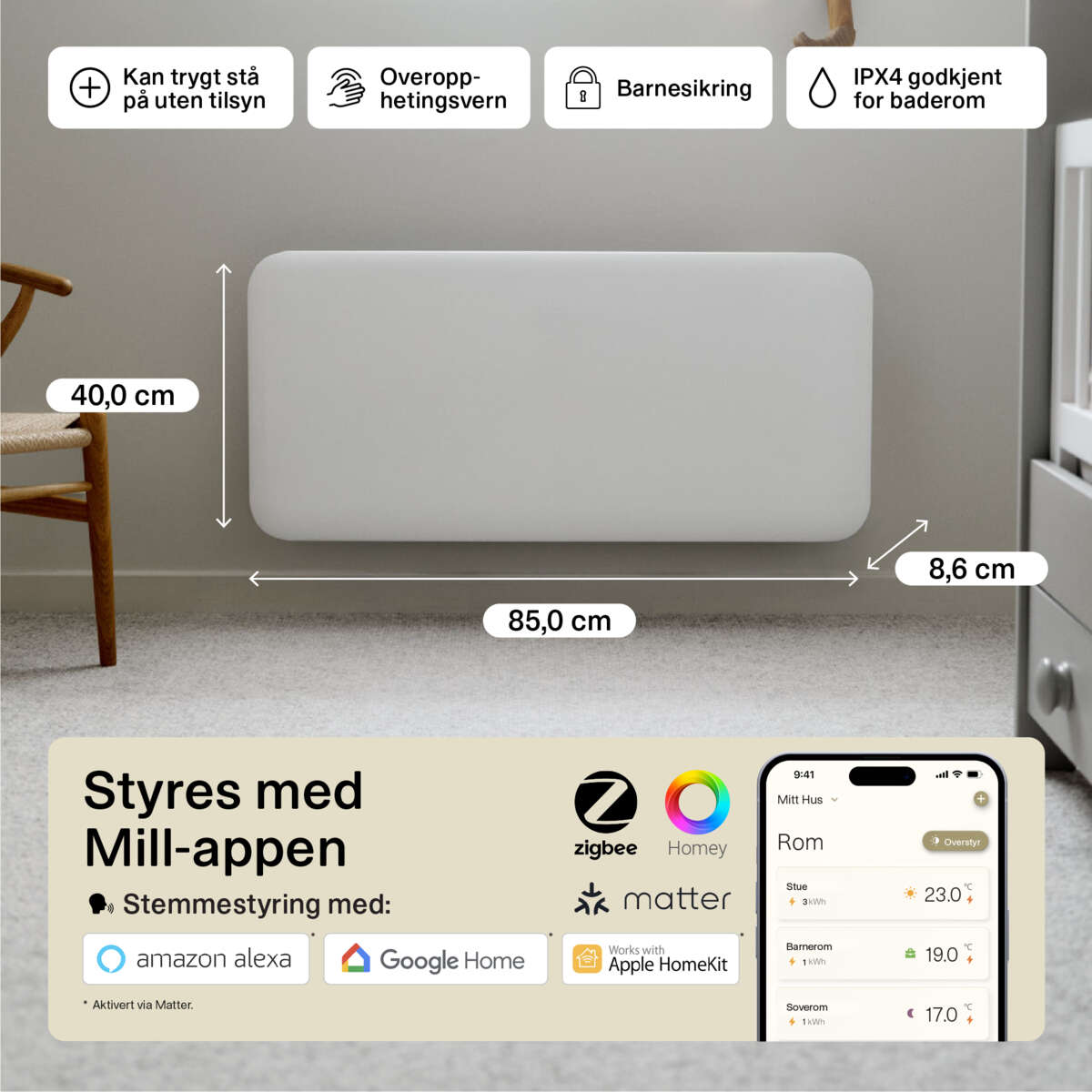 Mill Invisible Smart WiFi 900W Gen. 4 panelovn