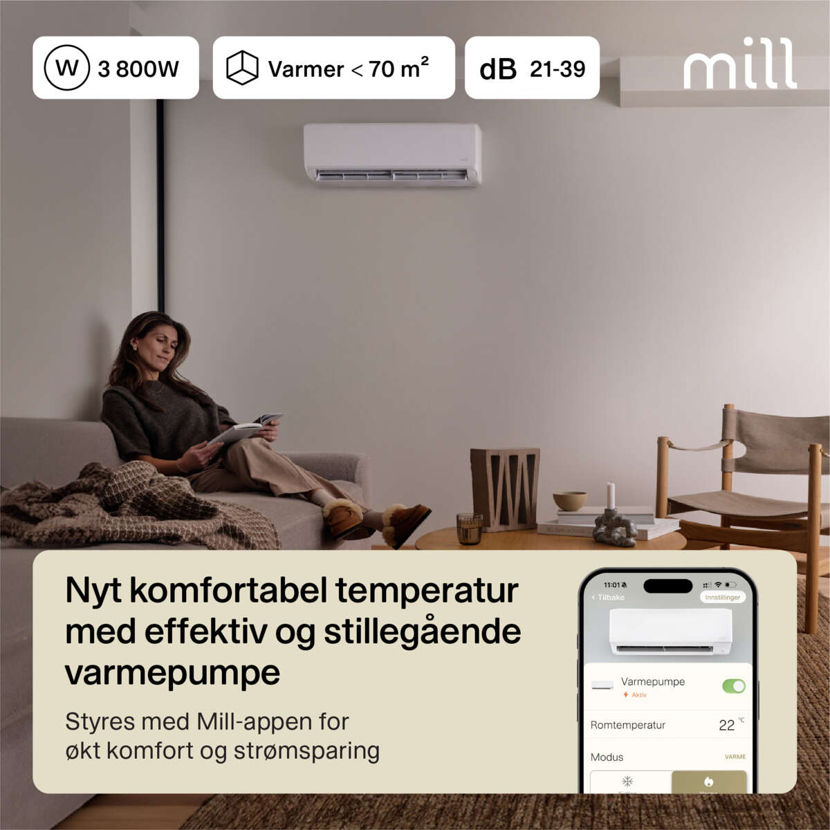 Mill Calm WiFi varmepumpe 3800W, ferdig montert