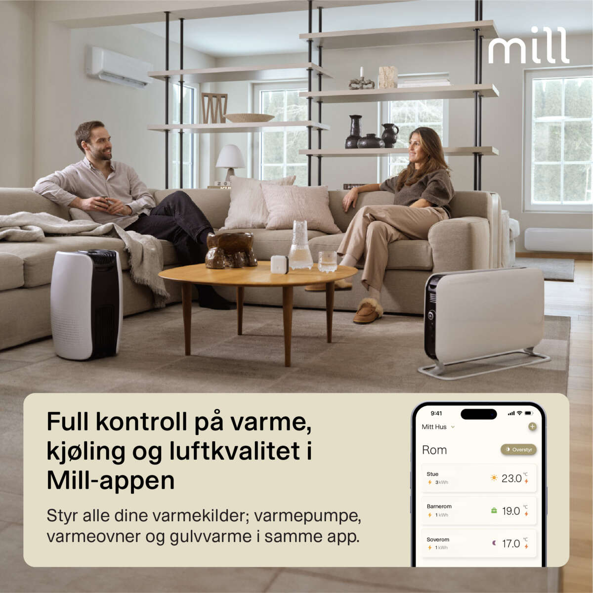 Mill Calm WiFi varmepumpe 3800W, ferdig montert