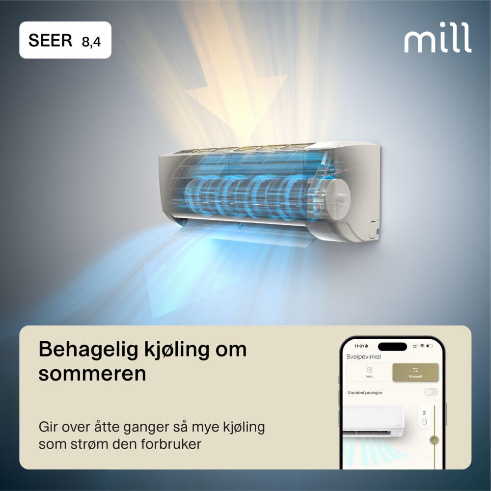 Mill Calm WiFi varmepumpe 3800W, ferdig montert