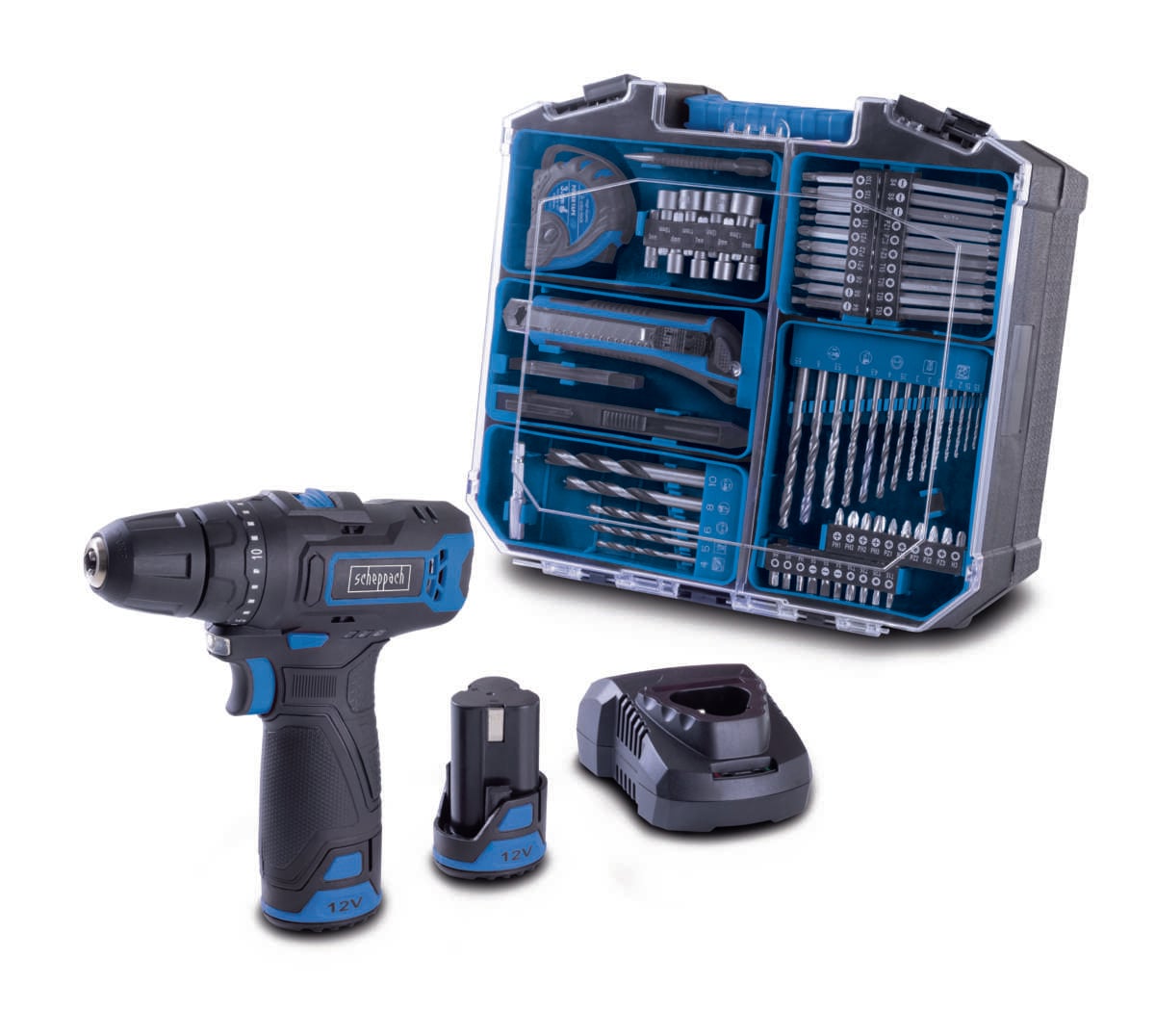 Scheppach C-DTB74/2-12V verktøysett og drill m/batterier