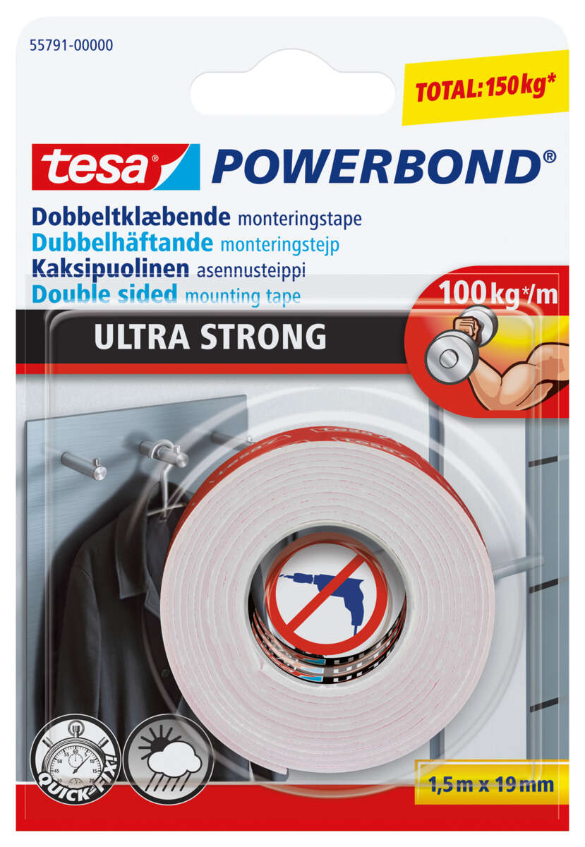 Tesa tape dobbeltsidig 1.5 m x19mm ultrastrong