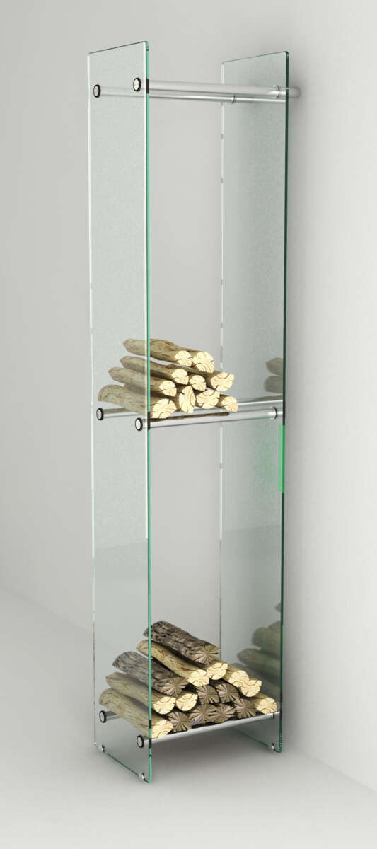 Tolmer veggmontert vedstabler i glass