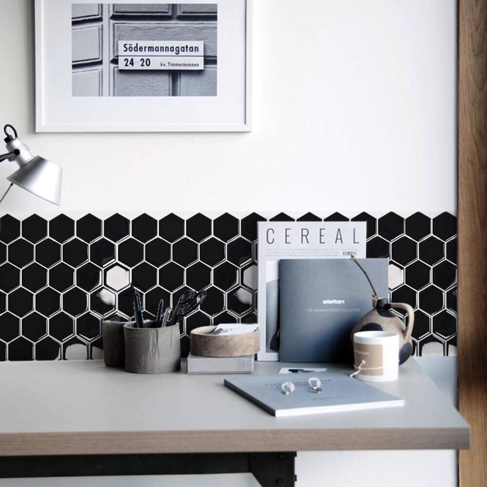 Selvklebende flis, svart Hexagon 10 pk.