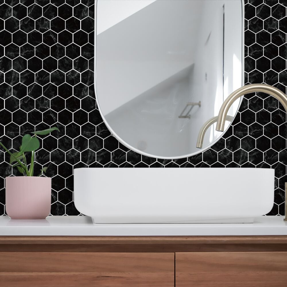 Selvklebende flis, svart marmor Hexagon 10 pk.