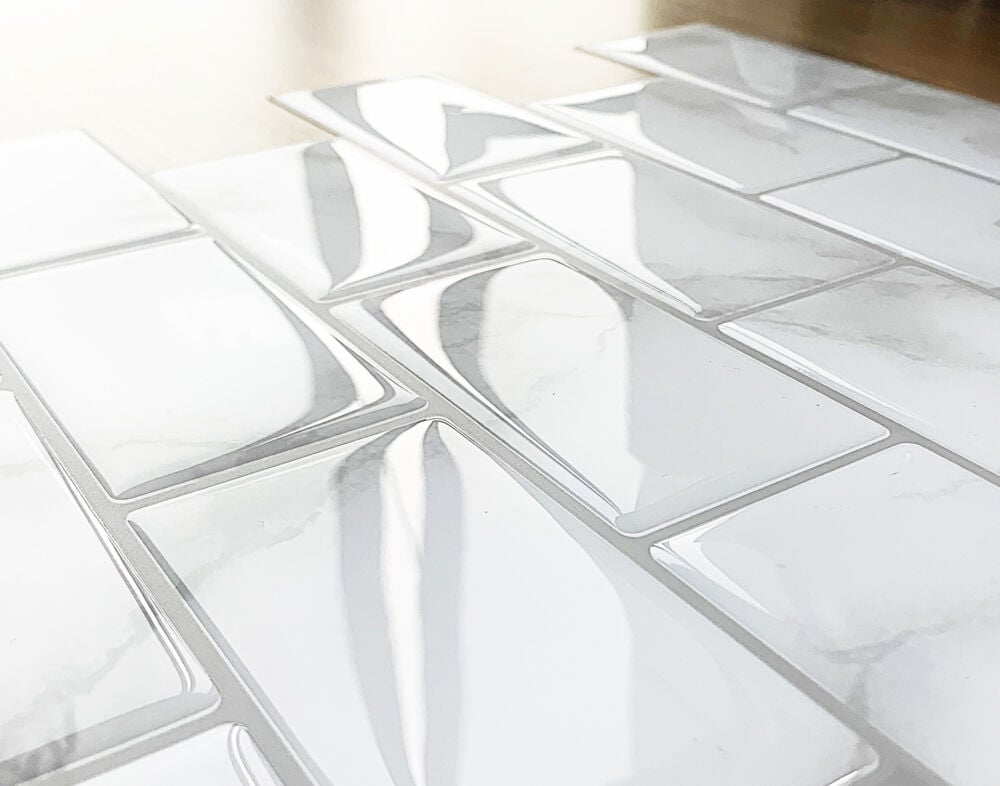 Selvklebende flis, Hvit Marmor Subway 10 pk.