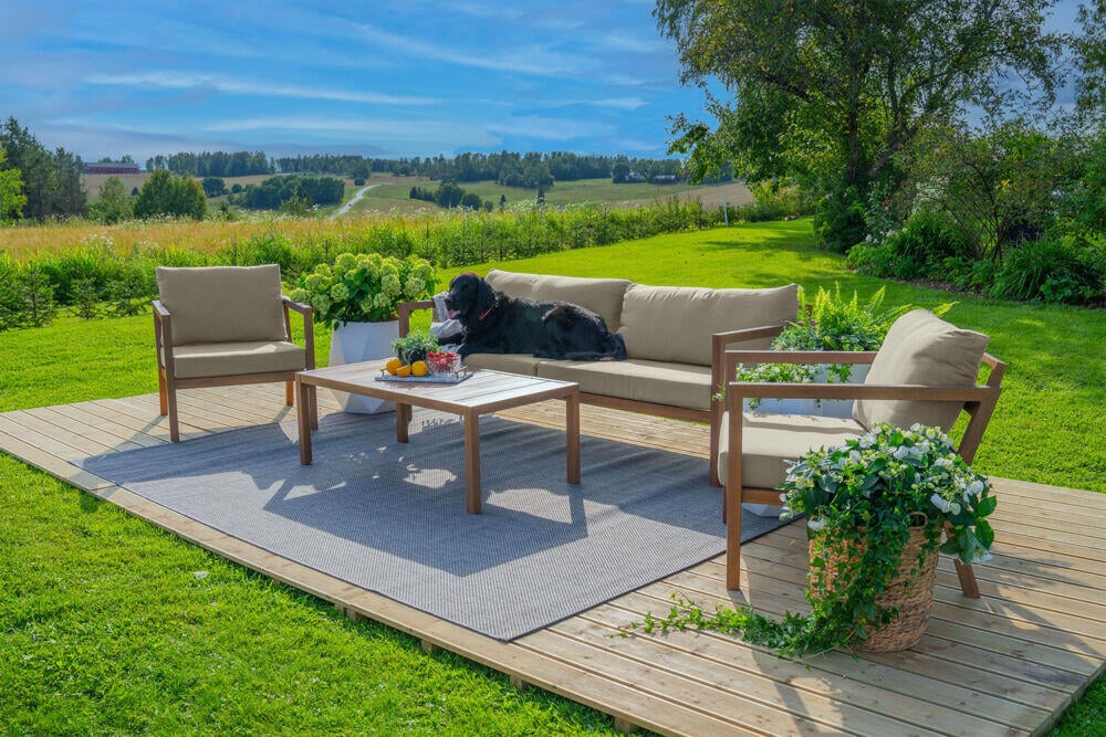 Røst sofagruppe teak og beige impregnerte putetrekk