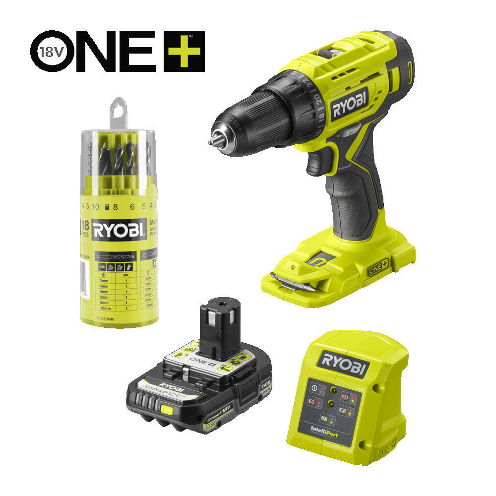 Ryobi R18DD4-1C20GA18 bor/skrutrekker m/borsett inkl. batteri og lader