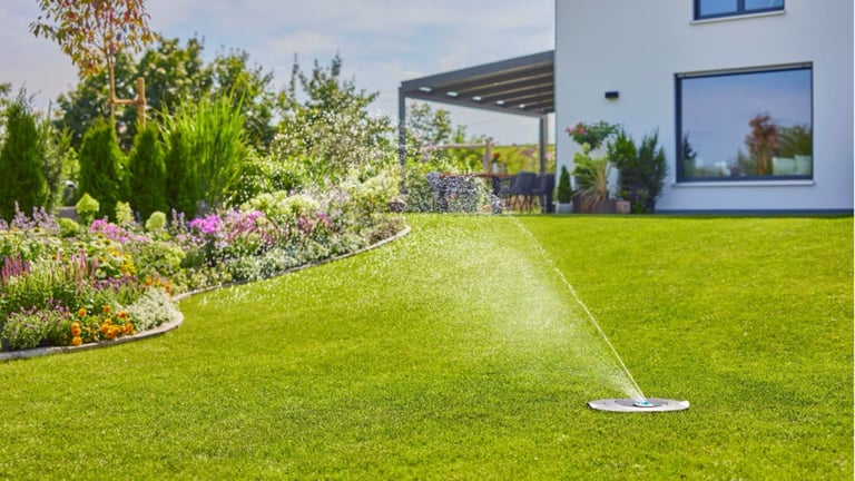 Vakker hage med alt-i-ett vanningsanlegg