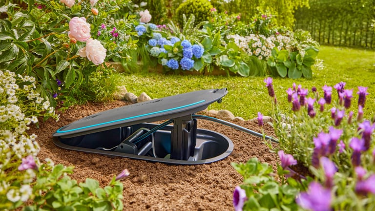 Gardena slangetrommel holdes ute av syne, men alltid klar til bruk.