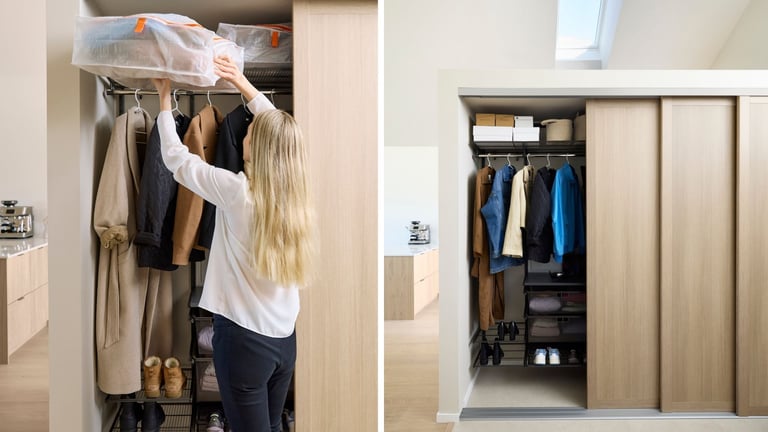 En garderobeløsning med åpne hyller og sesongbasert organisering gir god oversikt og enklere hverdager.