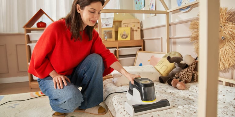 Dame i rød genser som bruker Kärcher VCH 4 UVClean for å rense madrass