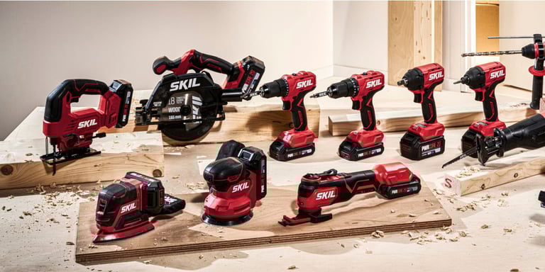 Mange røde verktøy fra Skil utstilt på en stor treplate