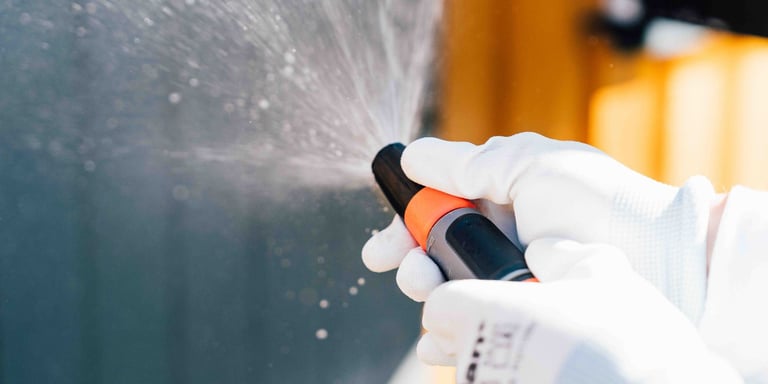 Vannslange som blir spylt mot et hus.