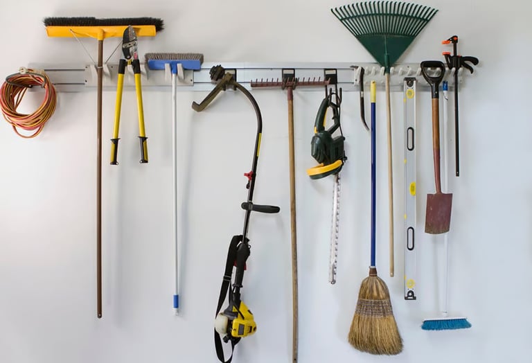 Hageredskaper og verktøy hengt opp på vegg for oversiktlig oppbevaring