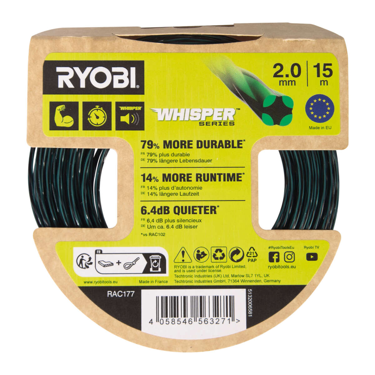 Ryobi RAC177 2,0 mm Whisper™ Trimmertråd (15 m)