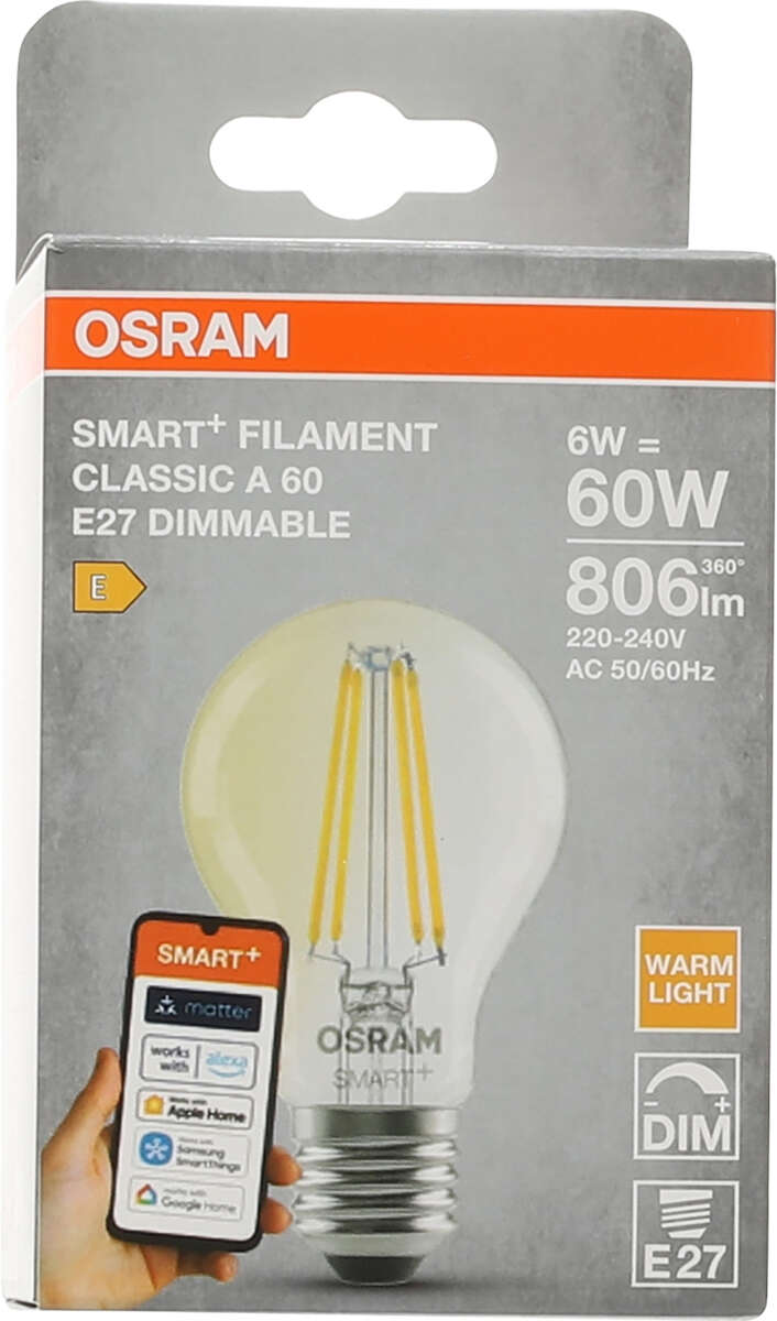 OSRAM SMART+ WiFi LED-pære E27, A60 6 W 827 klar dimbar
