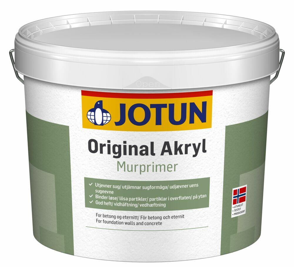 Jotun Original Akryl murprimer Murgrunning til mineralske underlag. Velegnet for betong, trenger inn og utjevner sug i underlaget. Anbefalt forbruk pr. strøk: 5-7 m²/liter (glatte underlag).