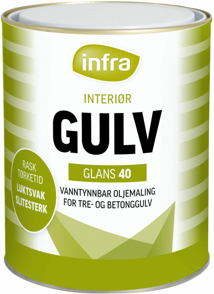 Infra Gulv 40/halvblank interiørmaling Halvblank, vanntynnet gulvmaling til innendørs bruk. Forbruk ett strøk: 1 liter dekker 6-8 m².