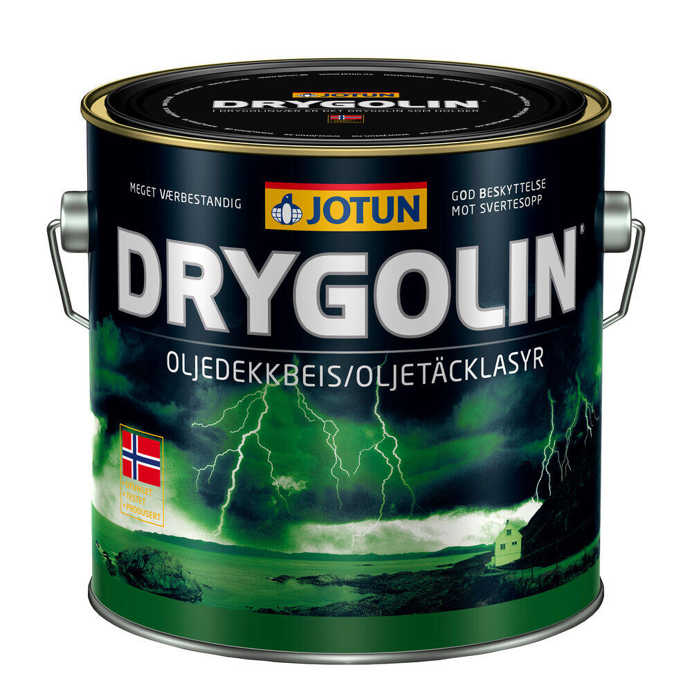 Jotun Drygolin oljedekkbeis Oljedekkbeis med ekstra god beskyttelse og holdbarhet. Anbefalt forbruk pr. strøk: 10-16 m²/liter (glatte underlag) og 5-8 m²/liter (ujevne underlag).
