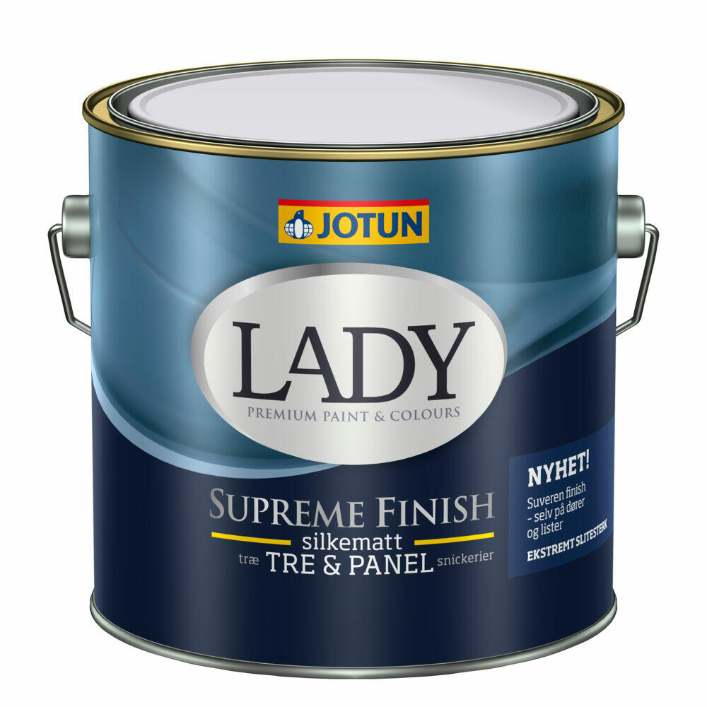Jotun Lady Supreme Finish 15/silkematt interiørmaling Vanntynnet svanemerket oljemaling for innendørs treverk. Anbefalt forbruk pr. strøk: 8-10 m²/liter (glatte og ujevne underlag).