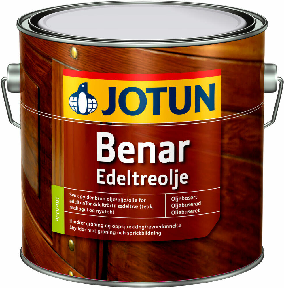 Jotun Benar Edeltreolje En værbestandig olje til oppfriskning og vedlikehold av edle tresorter. Anbefalt forbruk pr. strøk: 10-12 m²/liter.