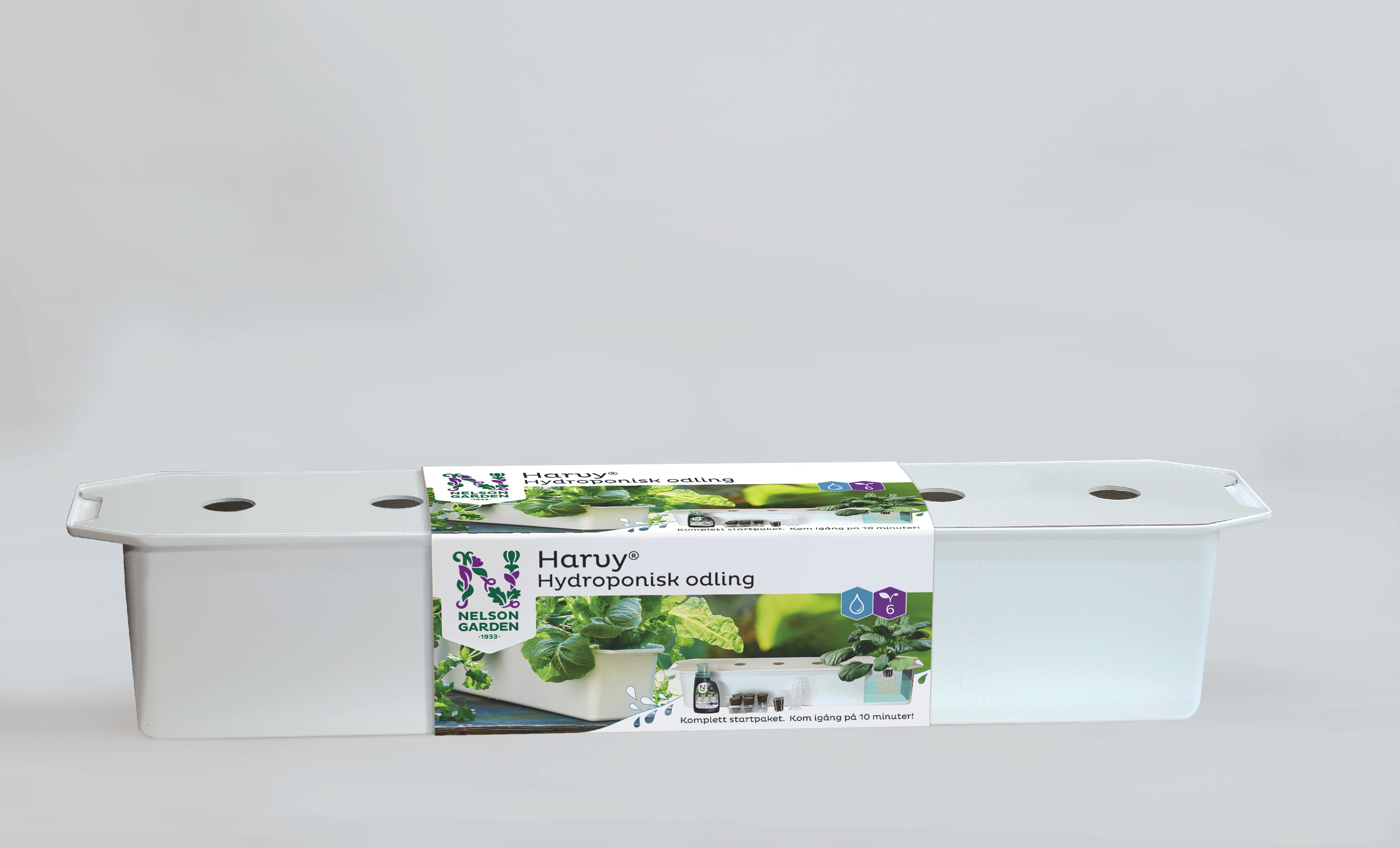 Harvy hydroponisk odling - startpakke Inneholder dyrkingskasse, næring, og plugger med frø av salat og basilikum