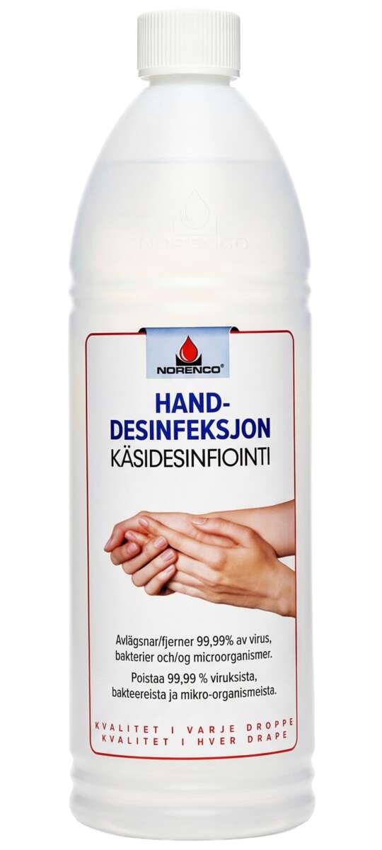 Norenco hånddesinfeksjon 1 liter Hurtigvirkende desinfeksjon til bruk på hender, toalettseter, dørhåndtak, dispensere, osv. Begrenser smitte av sykdommer.