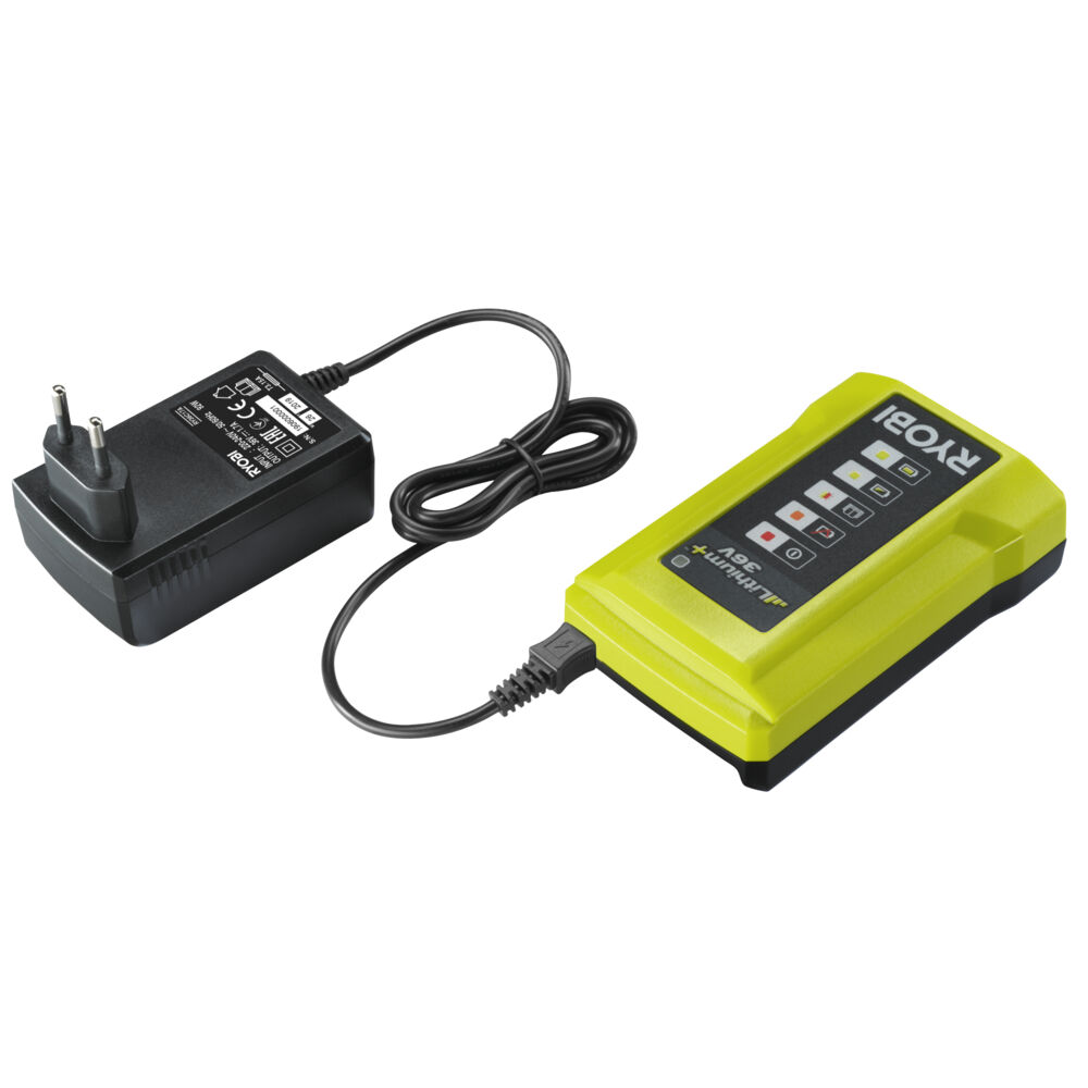 Ryobi 1,7 Amp/tim. Batterilader 36V RY36C17A En plassbesparende men effektiv 36V lader som lader i 1,7 Amp/timen. Fungerer med alle MaxPower (36V) batterier (også eldre modeller).